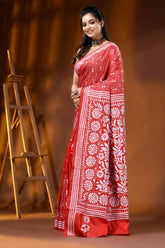 Hand embroidered floral motif red kantha stitch silk saree 3
