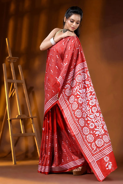 Hand embroidered floral motif red kantha stitch silk saree 4