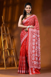 Hand embroidered floral motif red kantha stitch silk saree 1