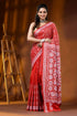 Hand embroidered floral motif red kantha stitch silk saree 1
