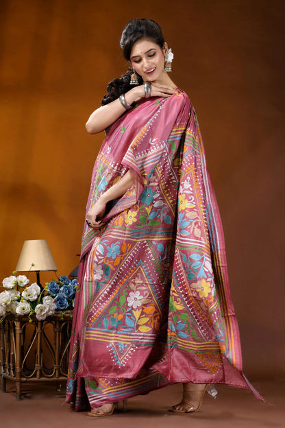 Hand embroidered floral motif silk kantha stitch saree in tulip pink woman wears vibrant pink saree 5