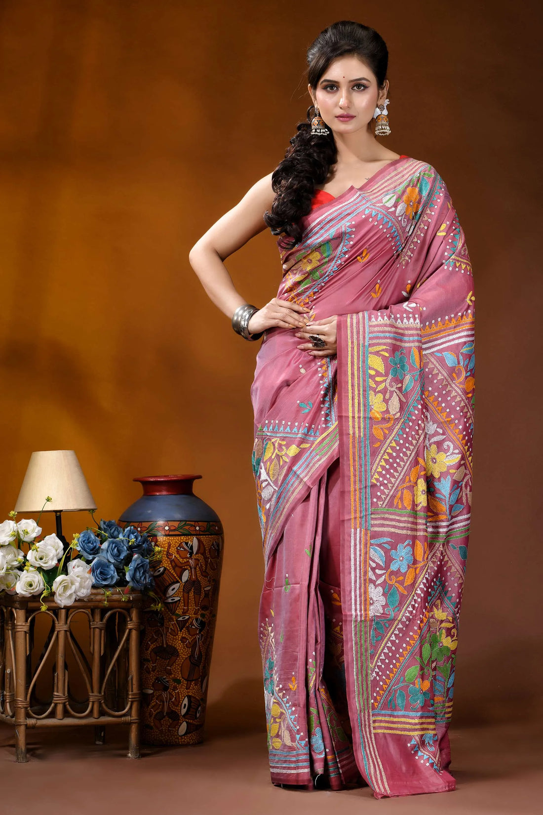 Hand embroidered floral motif silk kantha stitch saree in tulip pink vibrant pink saree intricate floral 1