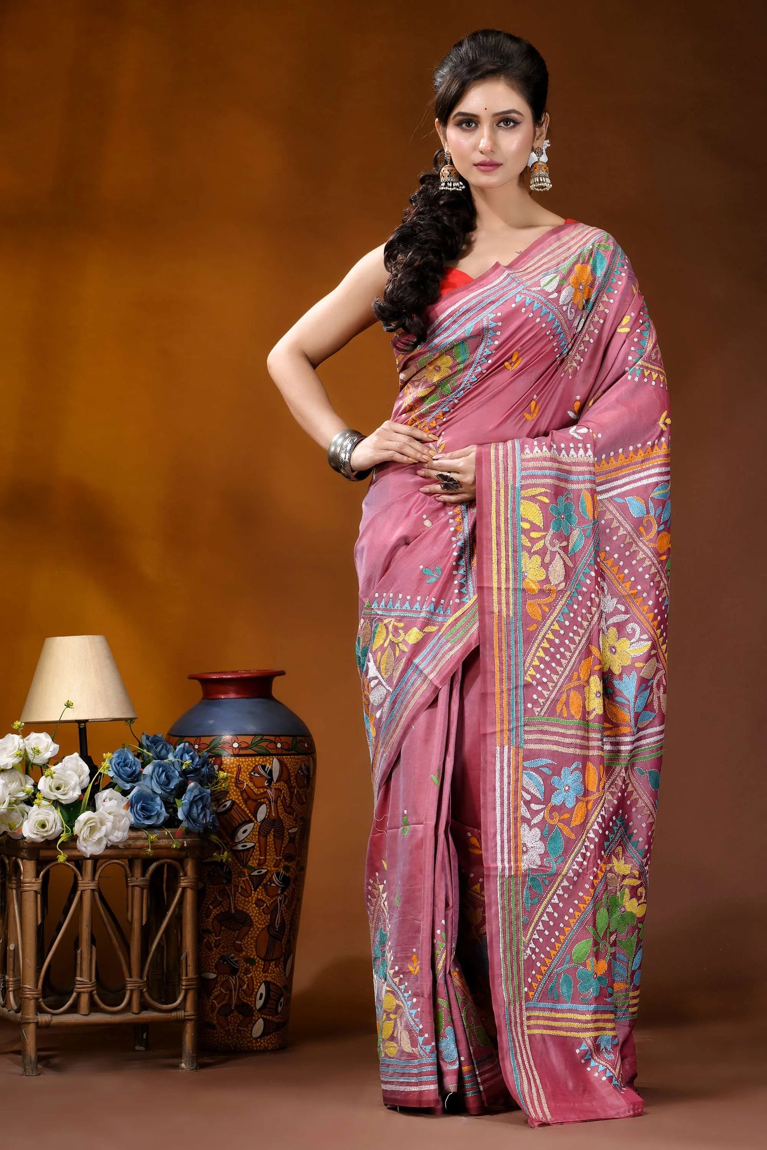 Hand embroidered floral motif silk kantha stitch saree in tulip pink vibrant pink saree intricate floral 1