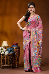Hand embroidered floral motif silk kantha stitch saree in tulip pink vibrant pink saree intricate floral 1
