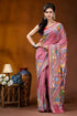 Hand embroidered floral motif silk kantha stitch saree in tulip pink vibrant pink saree intricate floral 1