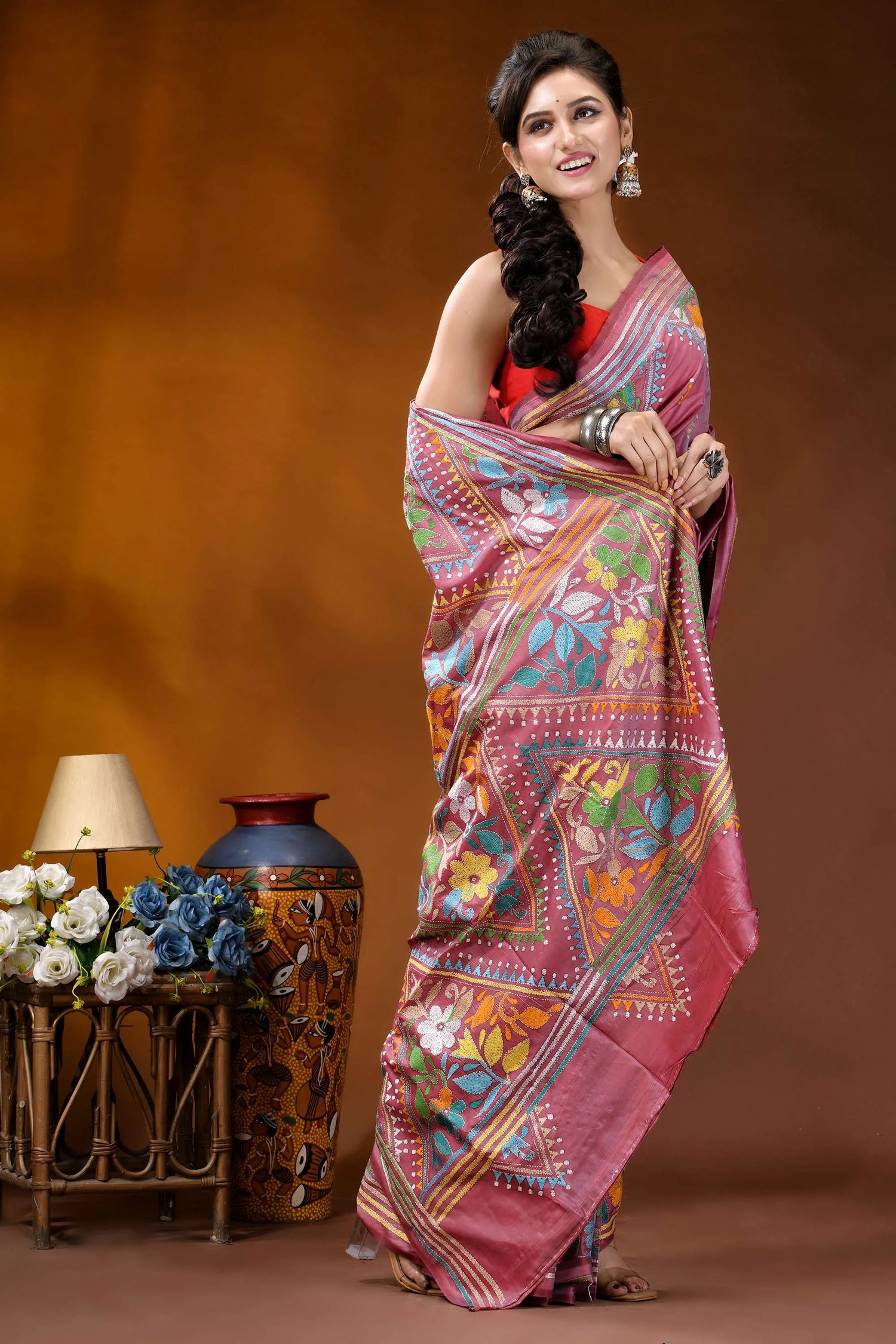 Hand embroidered floral motif silk kantha stitch saree in tulip pink vibrant pink saree intricate floral 7