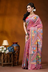 Hand embroidered floral motif silk kantha stitch saree in tulip pink woman wears vibrant pink saree 3