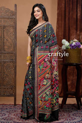 Hand embroidered grease black silk kantha stitch saree woman black embroidered saree 3