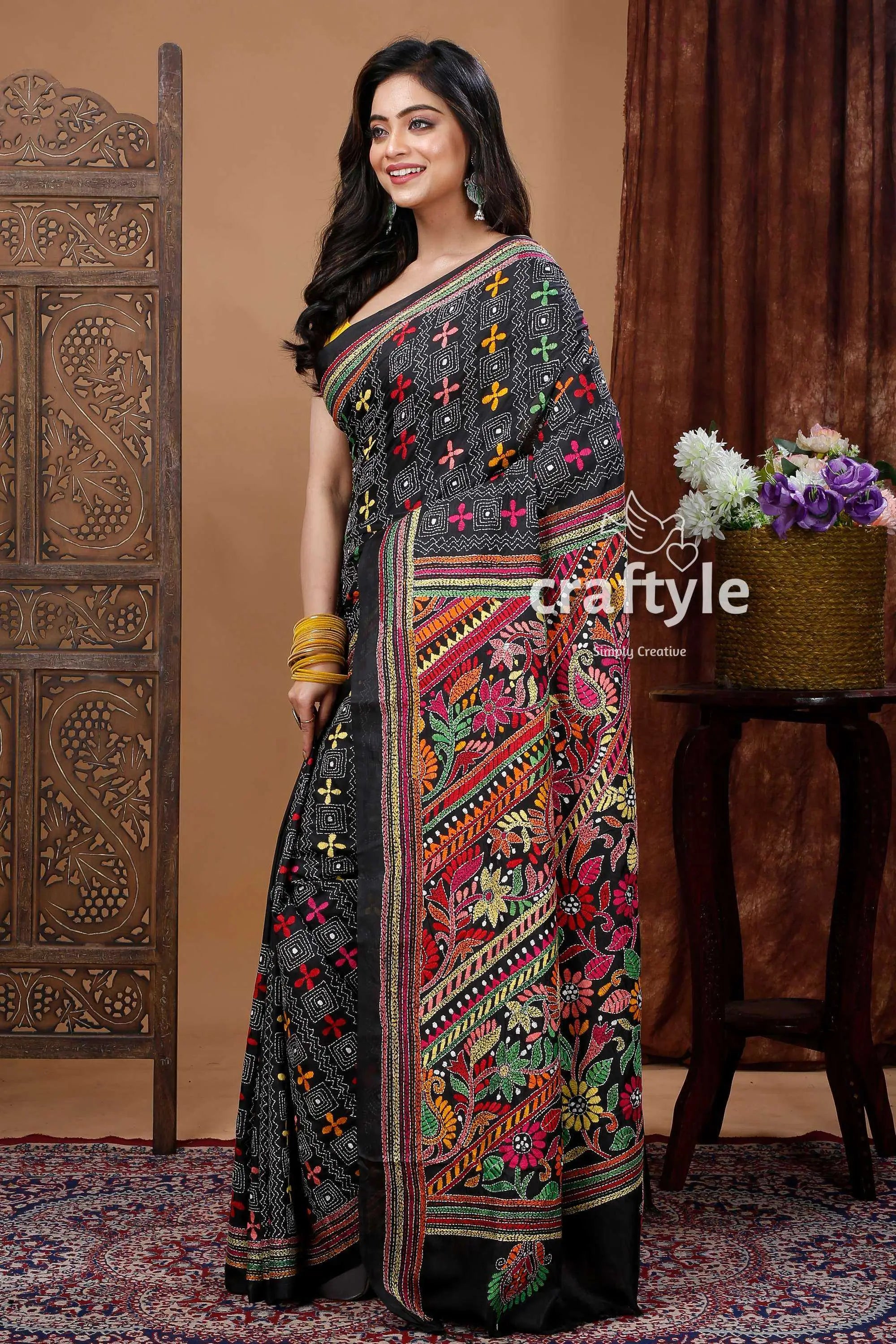 Hand embroidered grease black silk kantha stitch saree woman black embroidered saree 3