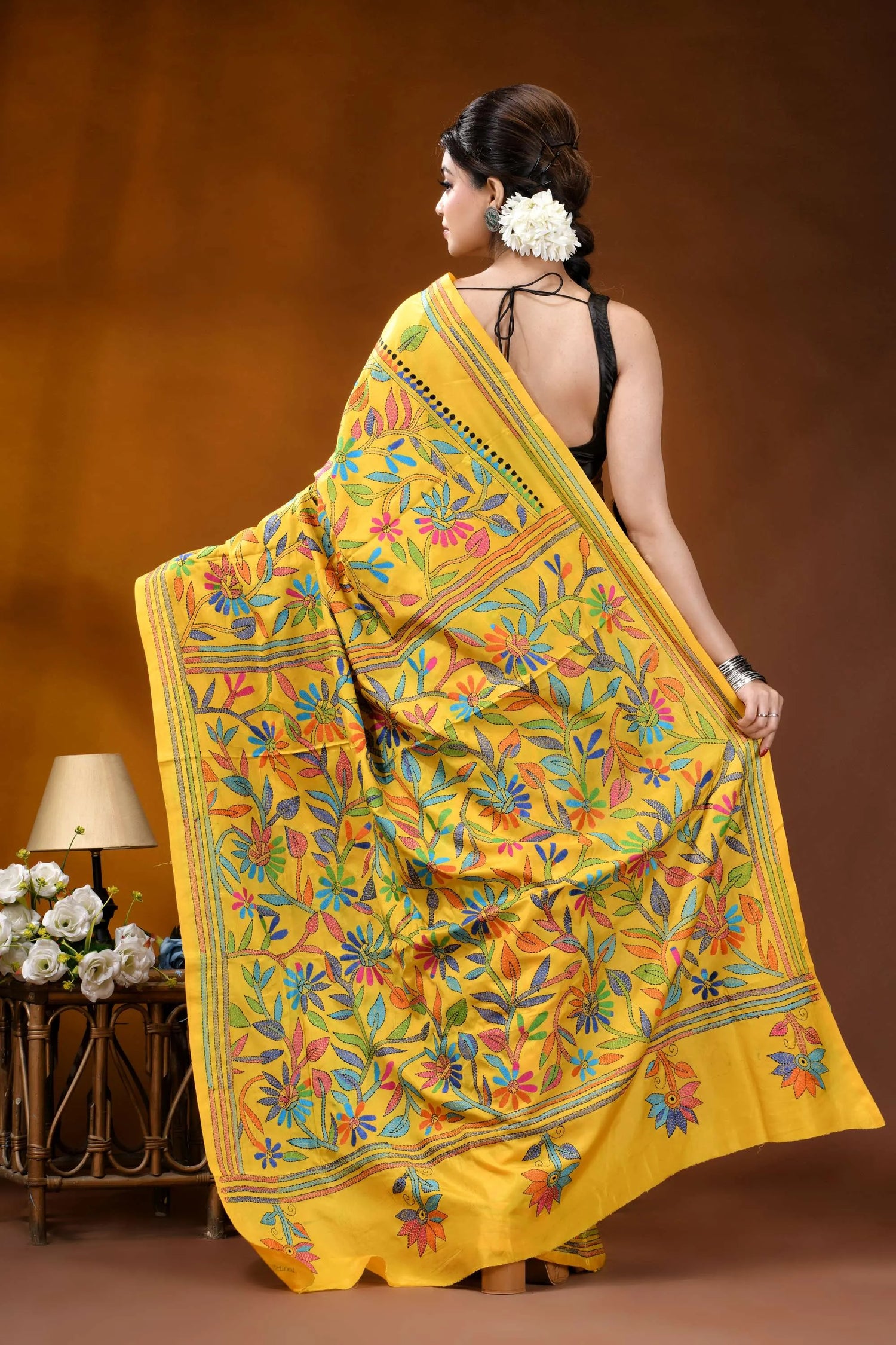Hand embroidered indian yellow silk kantha stitch saree - multithread floral design vibrant yellow saree intricate