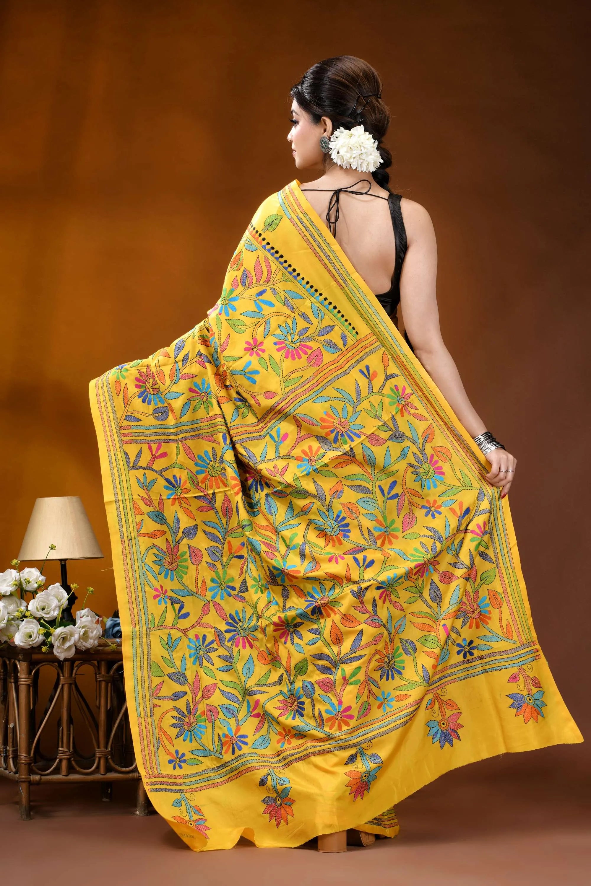 Hand embroidered indian yellow silk kantha stitch saree - multithread floral design vibrant yellow saree intricate