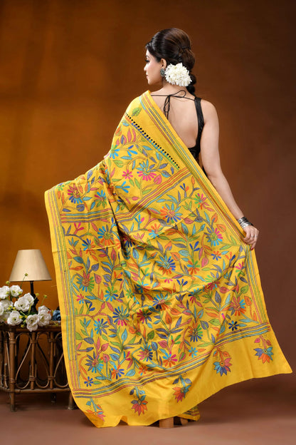 Hand embroidered indian yellow silk kantha stitch saree - multithread floral design vibrant yellow saree intricate