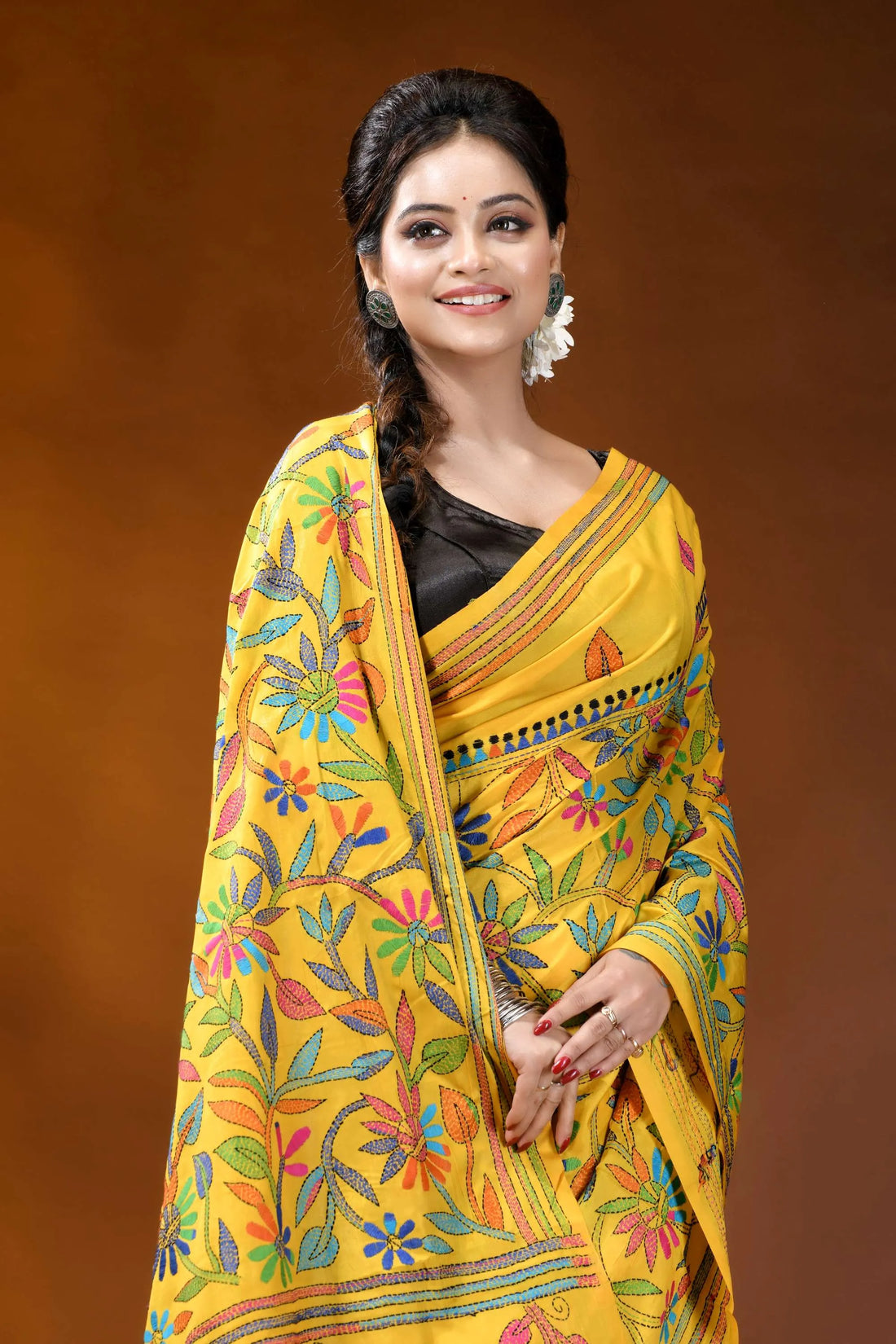 Hand embroidered indian yellow silk kantha stitch saree - multithread floral design vibrant yellow saree adorned