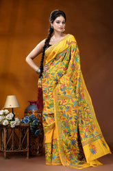 Hand embroidered indian yellow silk kantha stitch saree - multithread floral design vibrant yellow saree intricate