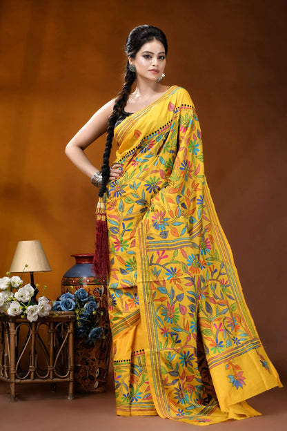 Hand embroidered indian yellow silk kantha stitch saree - multithread floral design vibrant yellow saree intricate