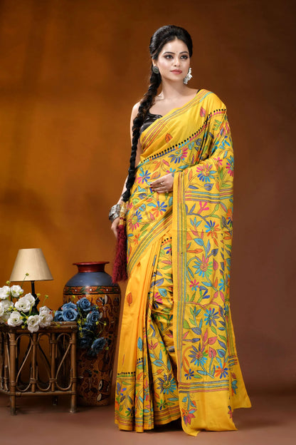 Hand embroidered indian yellow silk kantha stitch saree - multithread floral design vibrant yellow saree adorned