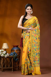 Hand embroidered indian yellow silk kantha stitch saree - multithread floral design vibrant yellow saree intricate