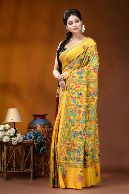Hand embroidered indian yellow silk kantha stitch saree - multithread floral design vibrant yellow sari adorned