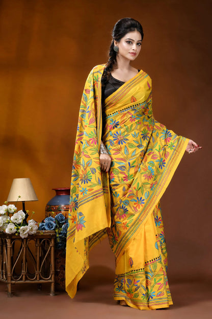 Hand embroidered indian yellow silk kantha stitch saree - multithread floral design vibrant yellow saree intricate