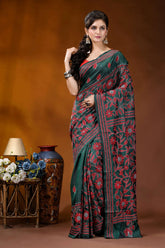 Hand embroidered jungle green silk kantha saree with red floral motif dark green silk saree adorned 6