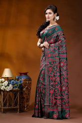 Hand embroidered jungle green silk kantha saree with red floral motif dark green saree intricate red 3