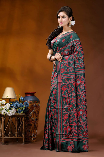 Hand embroidered jungle green silk kantha saree with red floral motif dark green saree intricate red 3