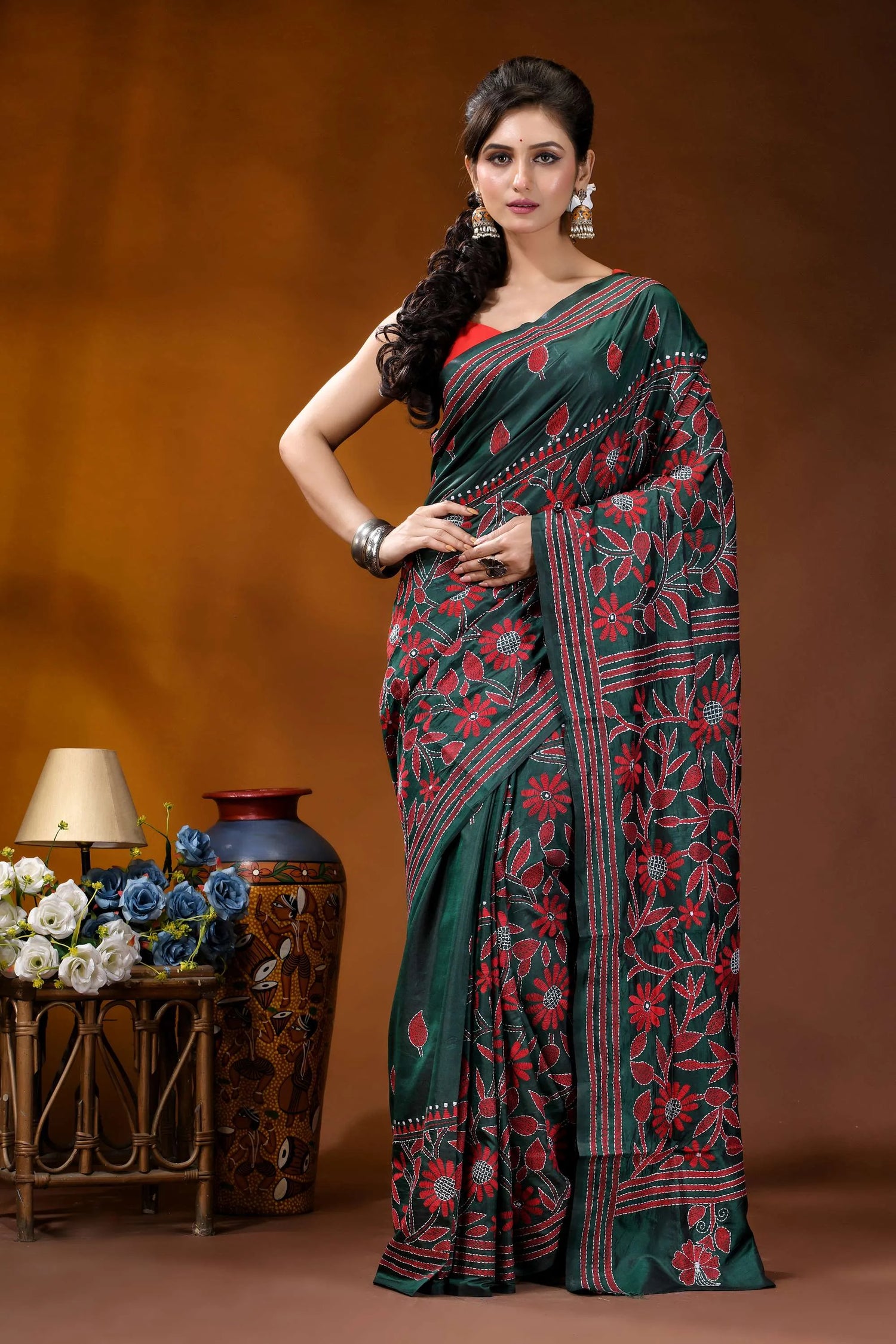 Hand embroidered jungle green silk kantha saree with red floral motif dark green silk saree adorned 1