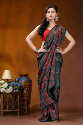 Hand embroidered jungle green silk kantha saree with red floral motif woman wears dark green saree 5