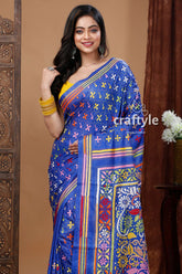 Hand Embroidered Kantha Silk Saree in Admiral Blue with Running Blouse Piece-Craftyle