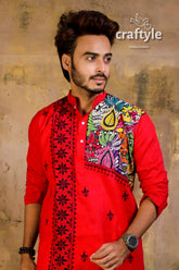 Hand embroidered kantha stitch cotton panjabi | mens kurta red vibrant colorful 2