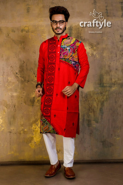Hand embroidered kantha stitch cotton panjabi | mens kurta vibrant red intricate 4