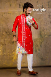 Hand embroidered kantha stitch cotton panjabi | mens kurta red intricate white 2