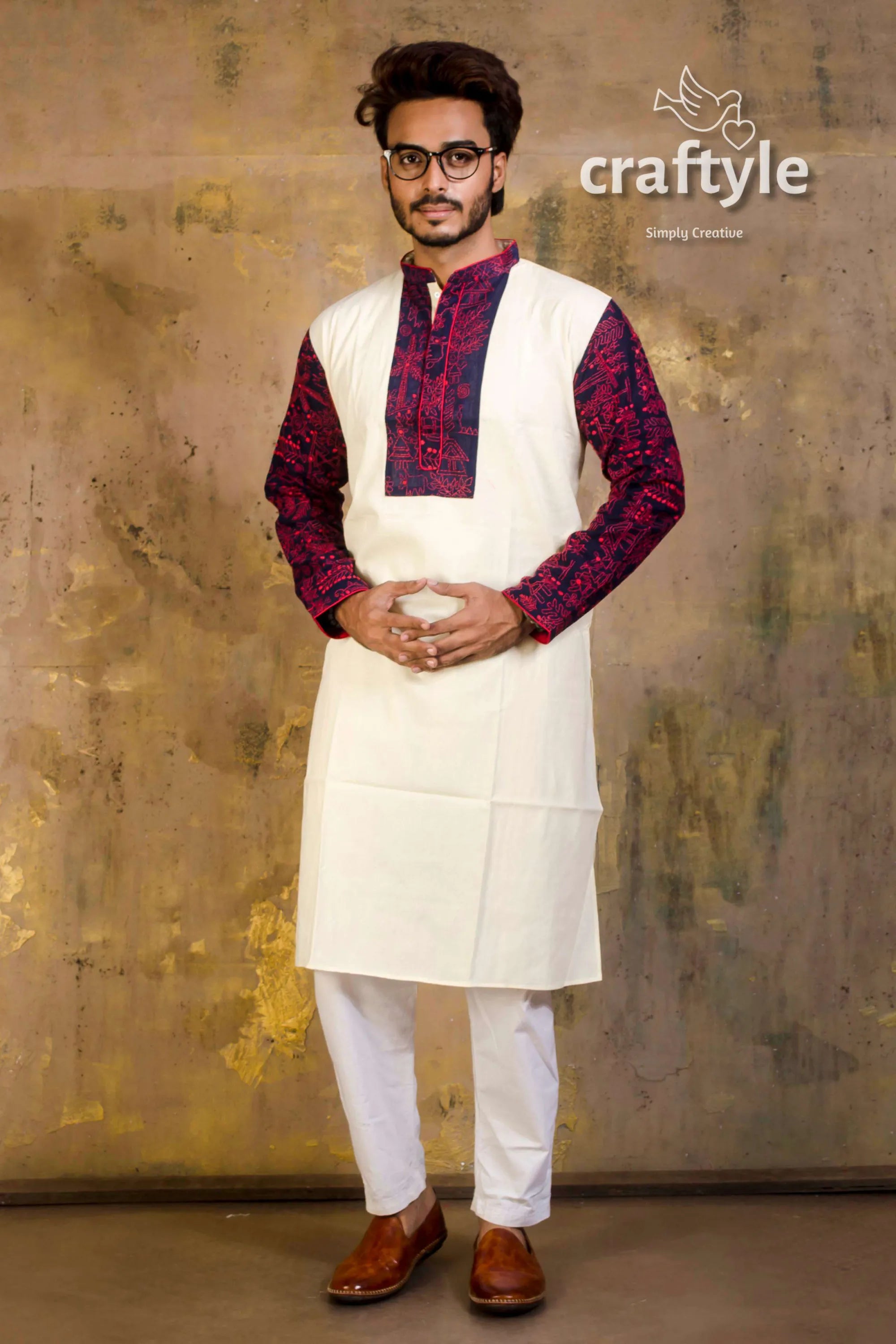 Hand embroidered kantha stitch cotton panjabi | mens kurta white intricate maroon navy 2