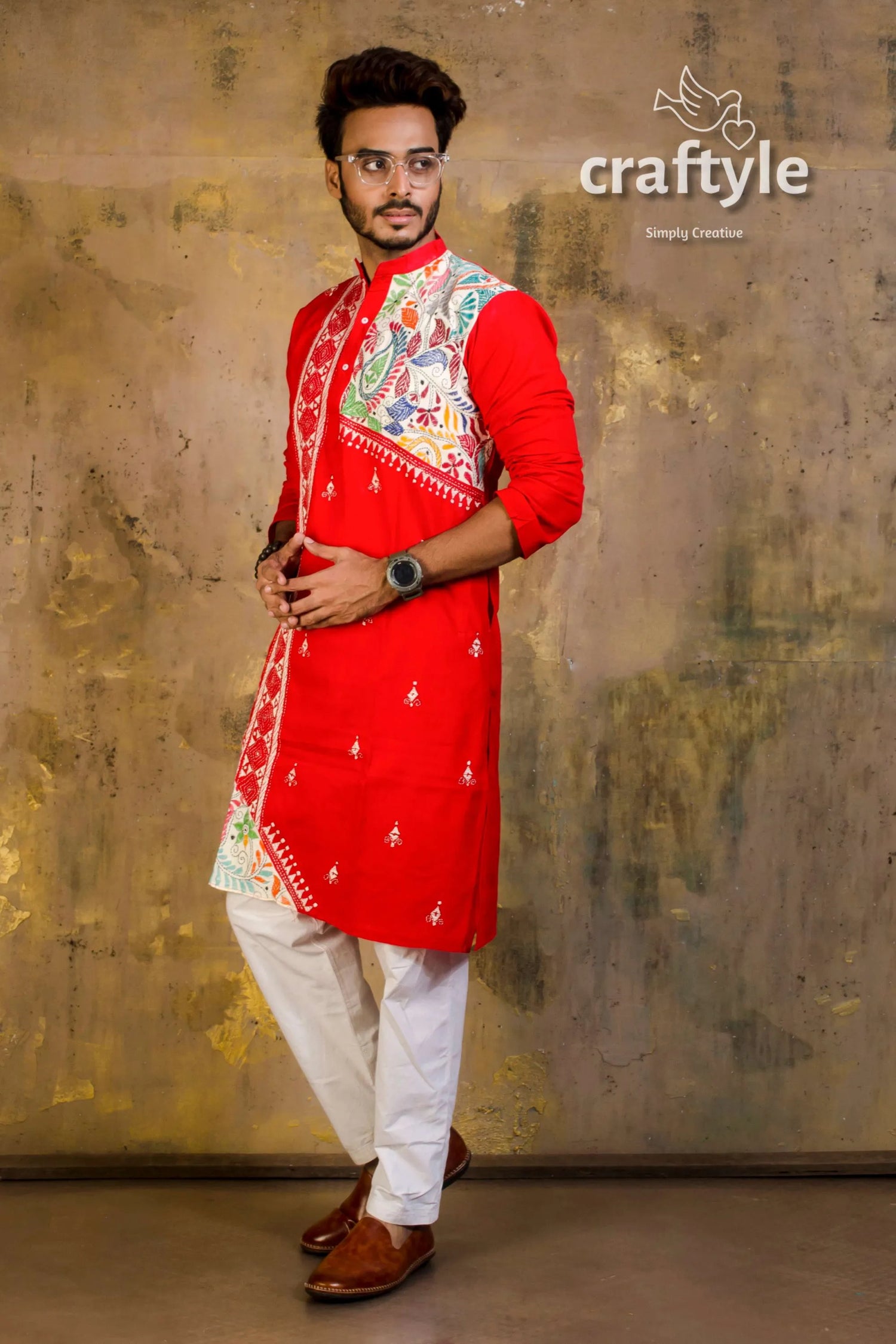 Hand embroidered kantha stitch cotton panjabi | mens kurta red colorful floral 3