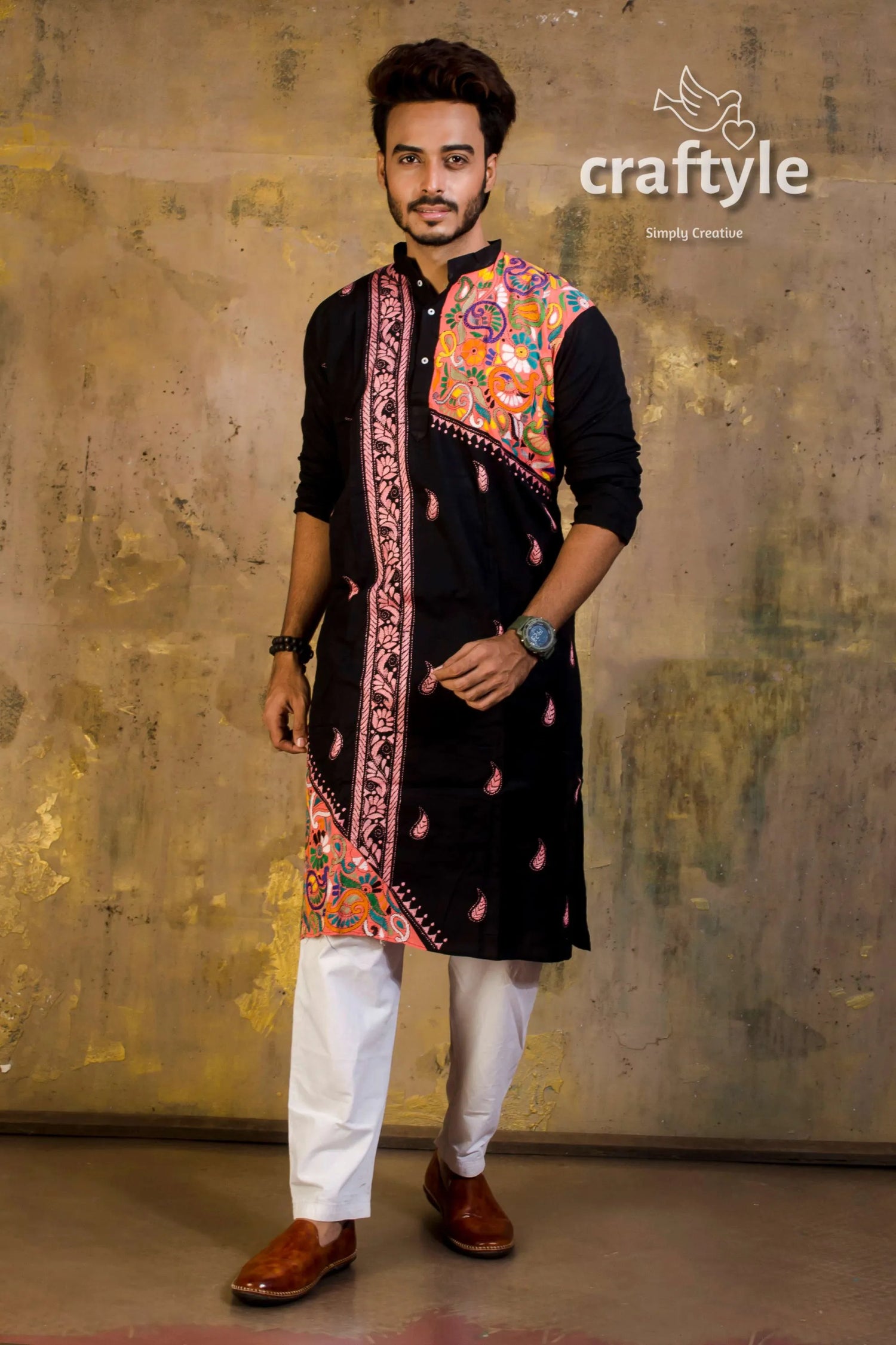 Hand embroidered kantha stitch cotton panjabi | mens kurta black vibrant orange 3