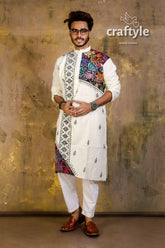 Hand embroidered kantha stitch cotton panjabi | mens kurta white vibrant colorful 1