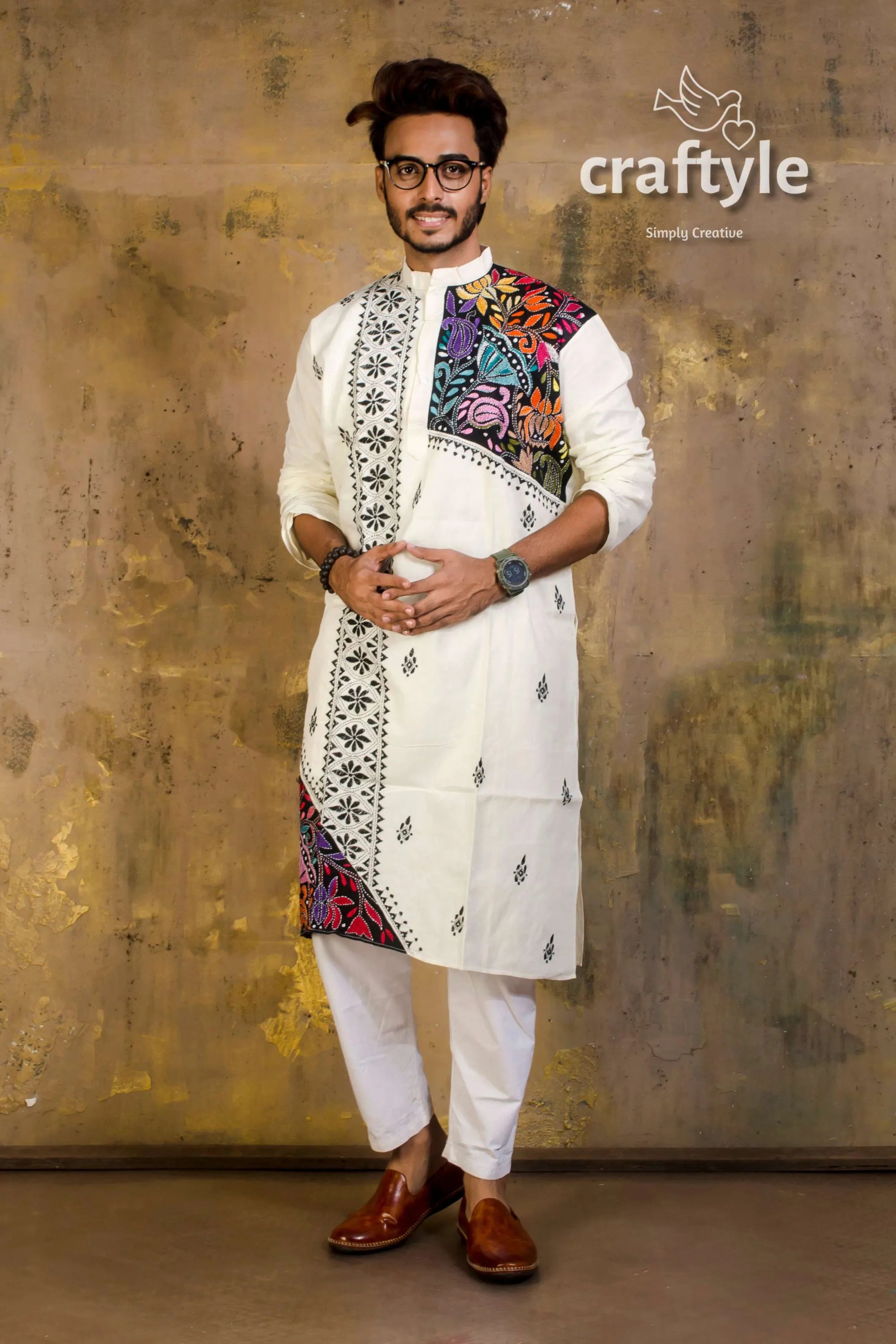 Hand embroidered kantha stitch cotton panjabi | mens kurta white vibrant colorful 1