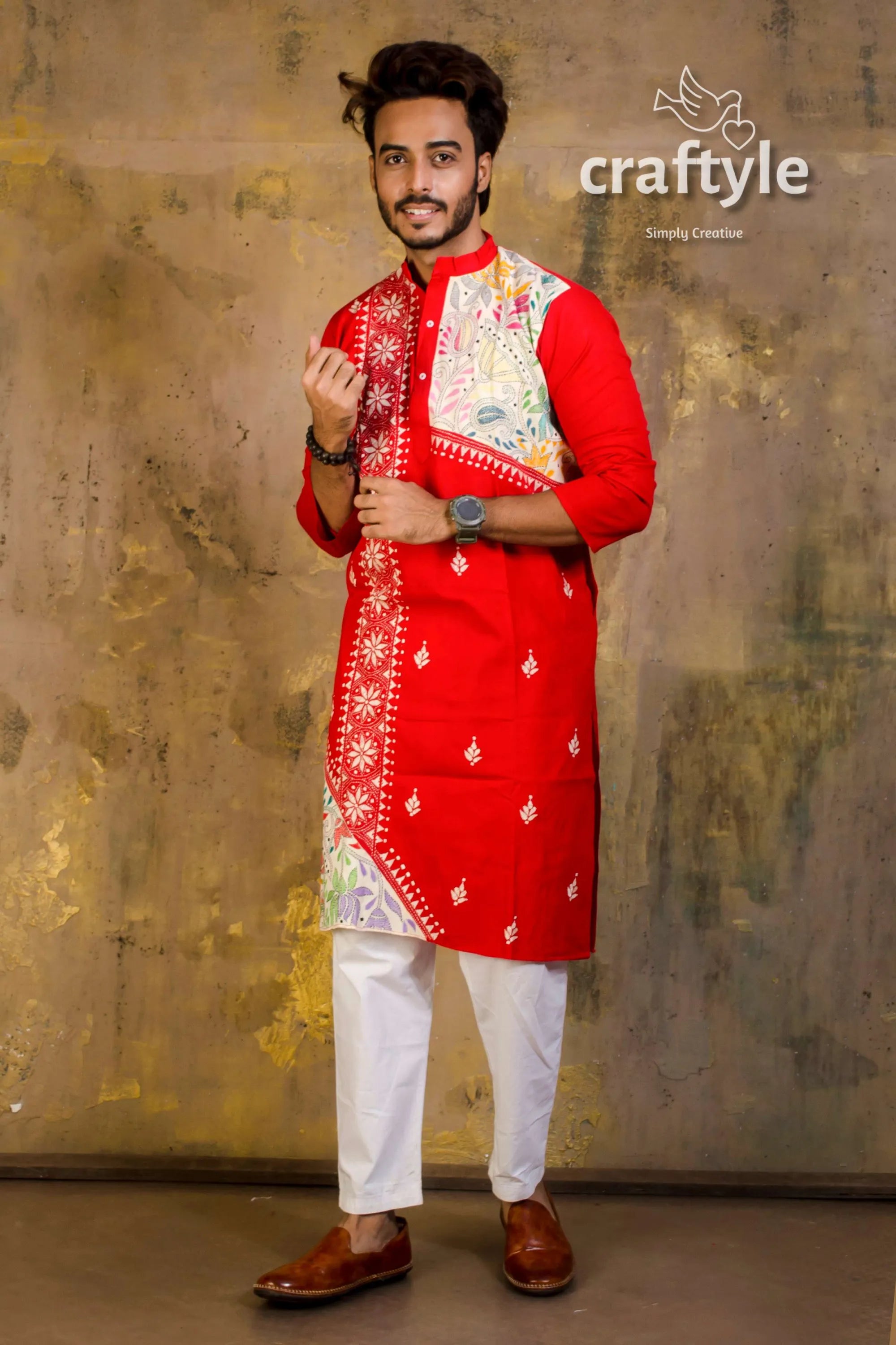 Hand embroidered kantha stitch cotton panjabi | mens kurta red intricate white 2