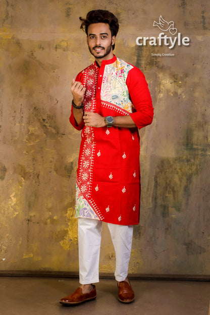 Hand embroidered kantha stitch cotton panjabi | mens kurta red intricate white 2