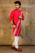 Hand embroidered kantha stitch cotton panjabi | mens kurta red white geometric 1