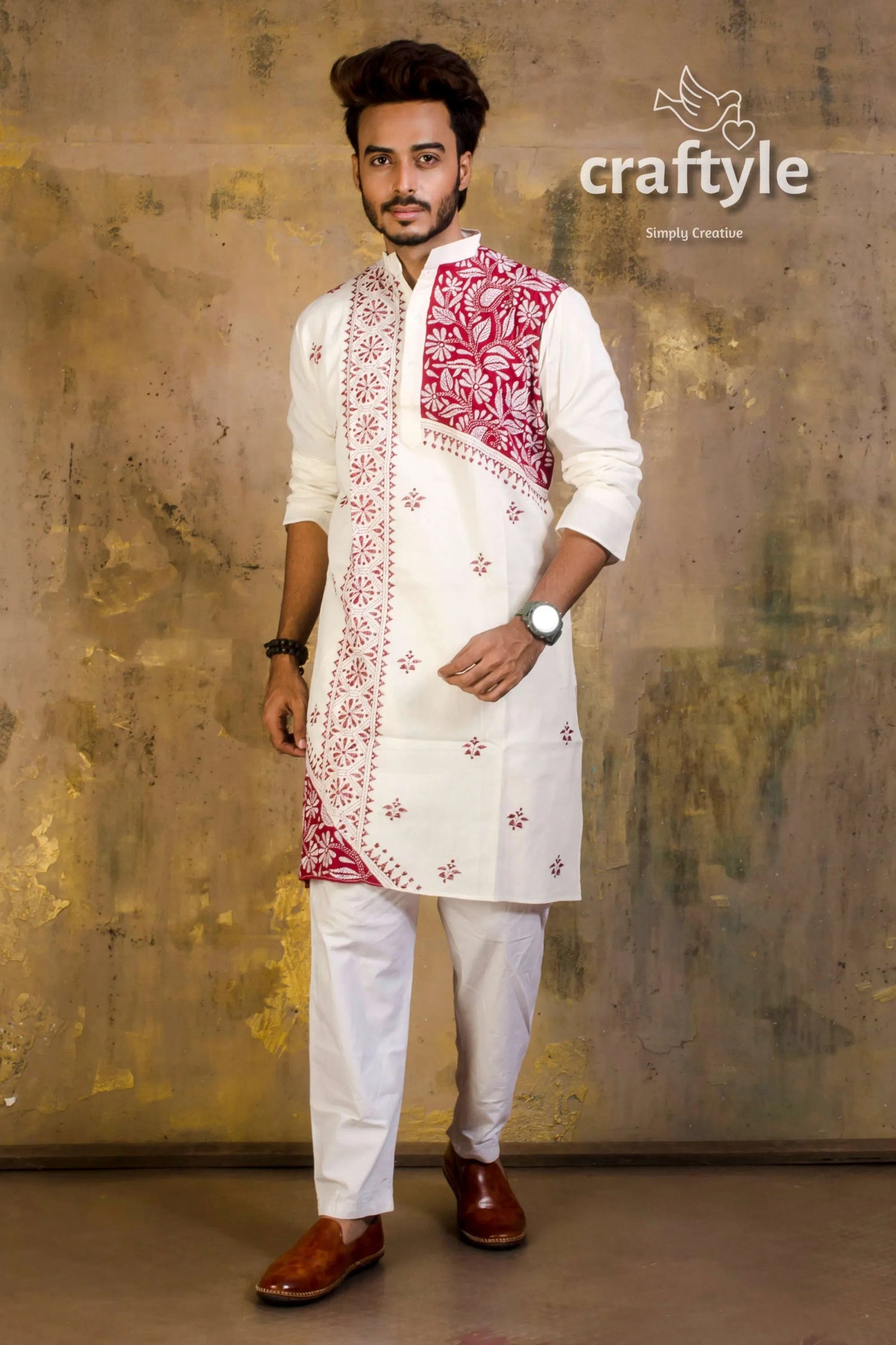 Hand embroidered kantha stitch cotton panjabi | mens kurta white intricate pink embroidery 4