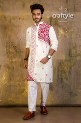 Hand embroidered kantha stitch cotton panjabi | mens kurta white intricate pink embroidery 4