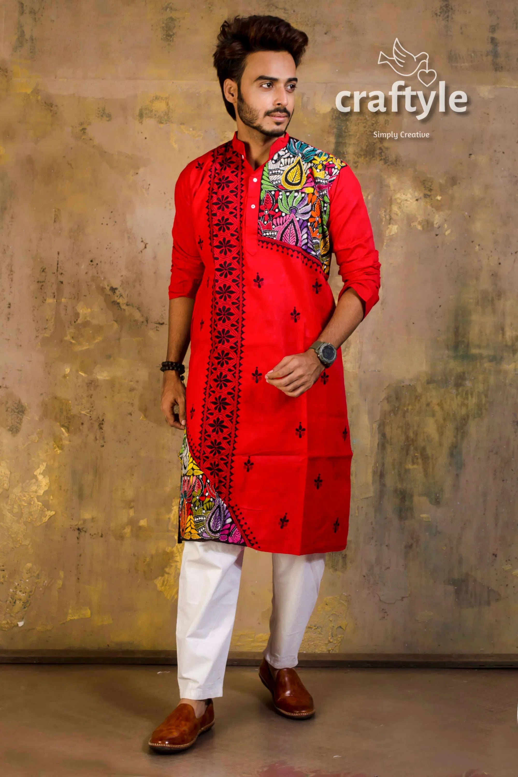 Hand embroidered kantha stitch cotton panjabi | mens kurta vibrant red intricate 1