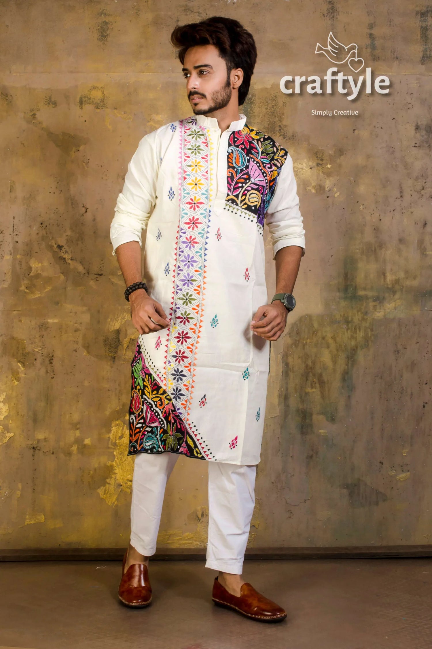 Hand embroidered kantha stitch cotton panjabi | mens kurta white vibrant colorful 1