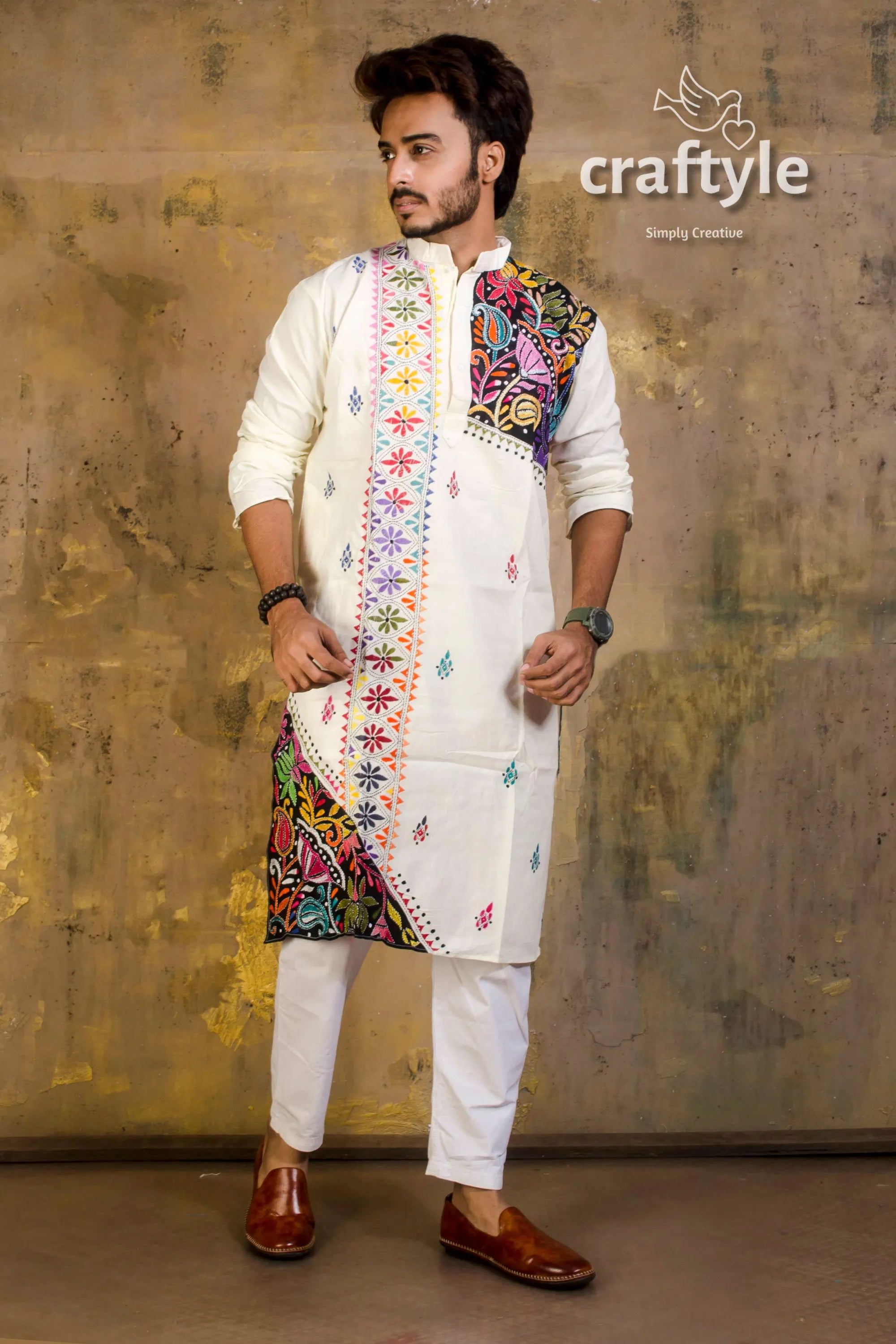 Hand embroidered kantha stitch cotton panjabi | mens kurta white vibrant colorful 1