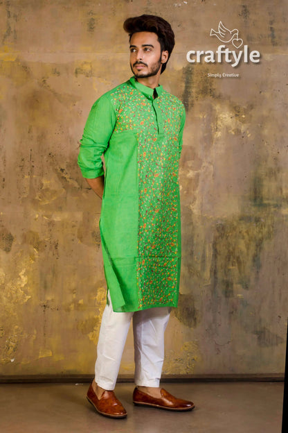 Hand embroidered kantha stitch cotton panjabi | mens kurta vibrant green intricate 3