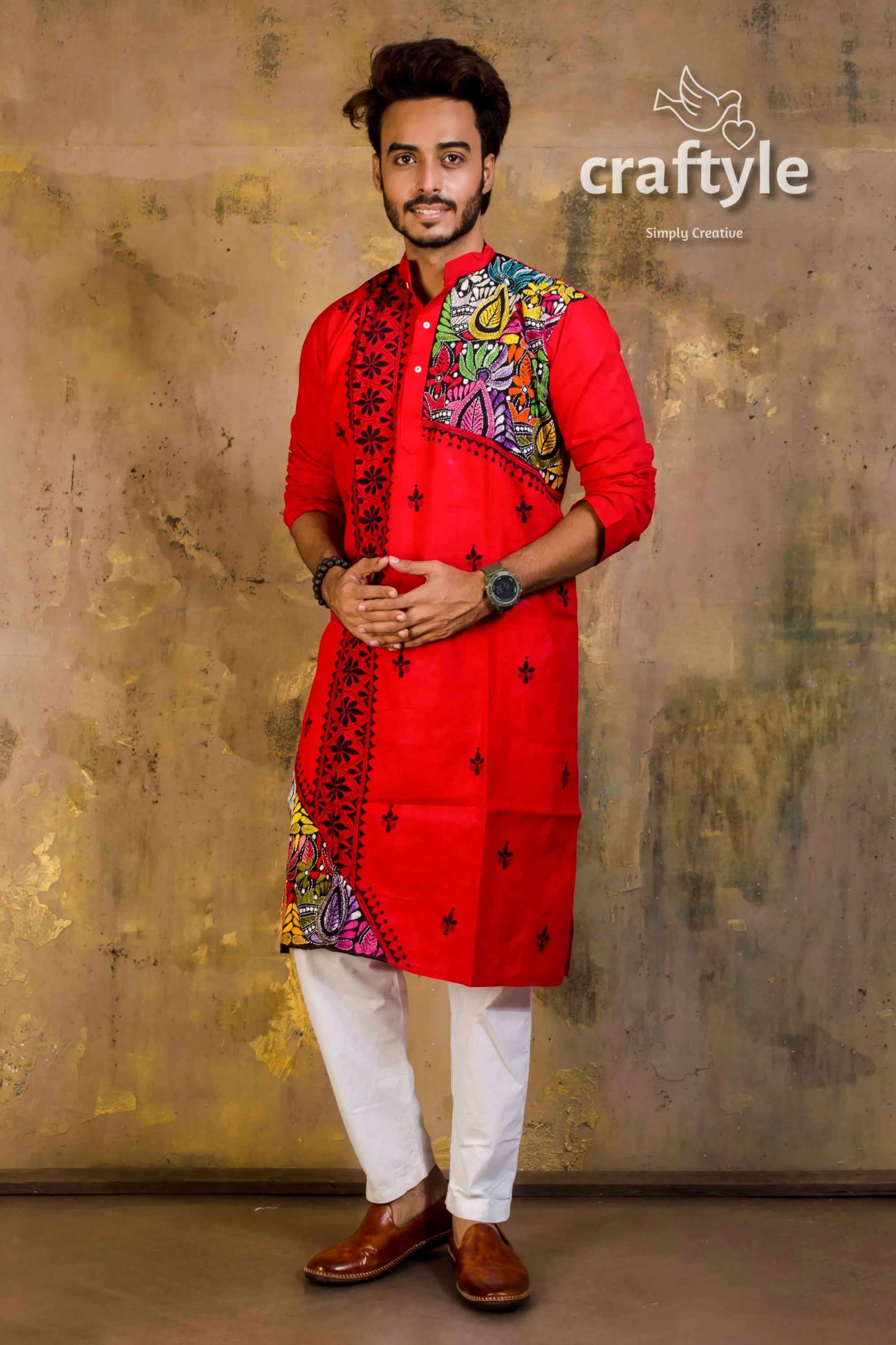 Hand embroidered kantha stitch cotton panjabi | mens kurta vibrant red colorful 5