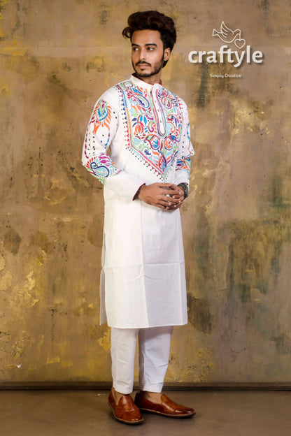 Hand embroidered kantha stitch cotton panjabi | mens kurta white vibrant paisley 1