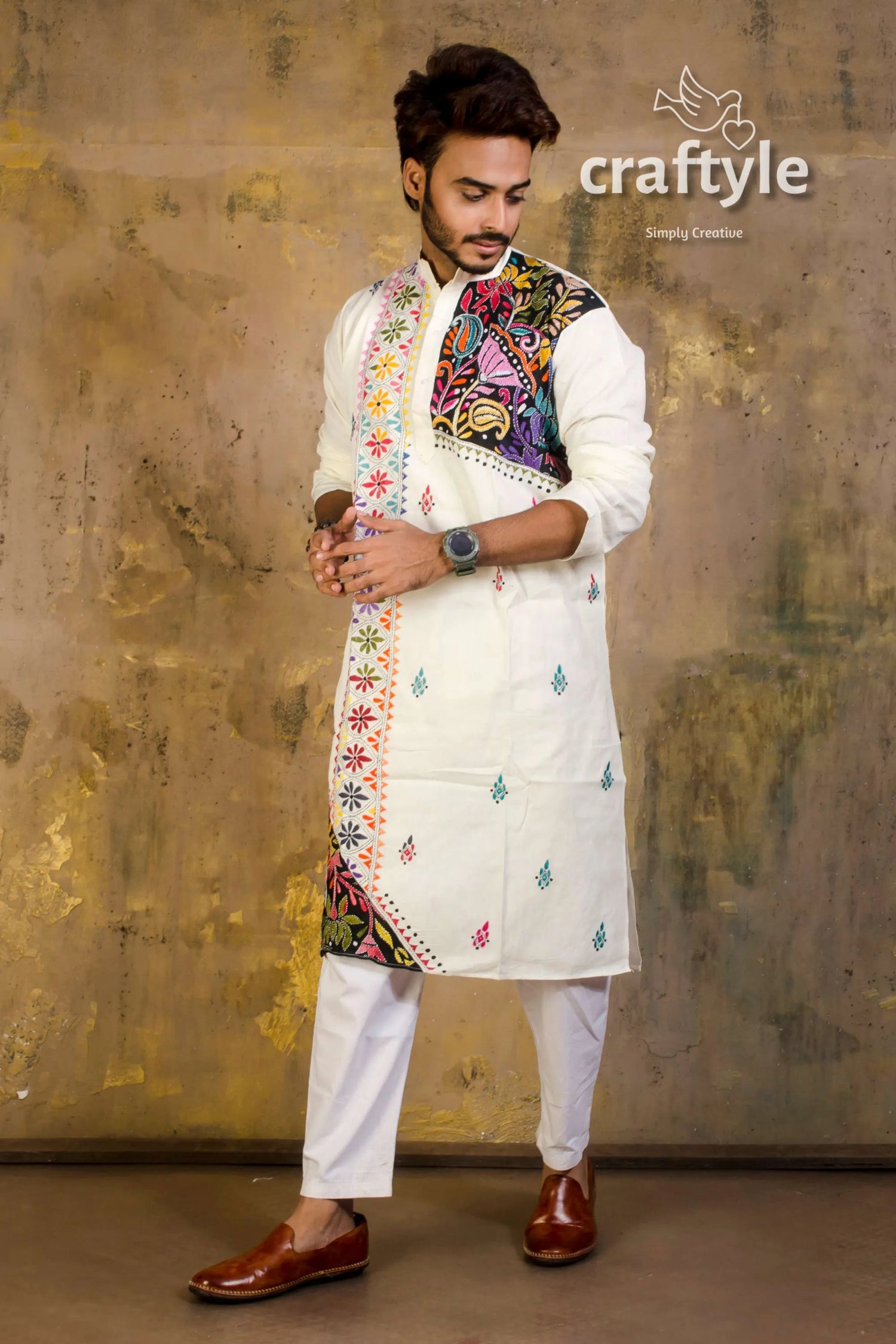 Hand embroidered kantha stitch cotton panjabi | mens kurta white vibrant colorful 2