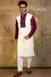 Hand embroidered kantha stitch cotton panjabi | mens kurta white intricate maroon patterned 1